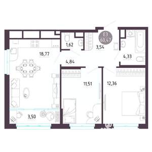 2-к квартира, строящийся дом, 60м2, 6/10 этаж