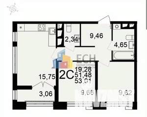 2-к квартира, вторичка, 53м2, 7/19 этаж