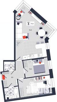 3-к квартира, строящийся дом, 72м2, 5/14 этаж