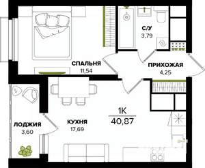 1-к квартира, строящийся дом, 41м2, 22/25 этаж