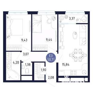 1-к квартира, строящийся дом, 51м2, 7/25 этаж