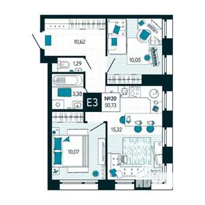 2-к квартира, вторичка, 51м2, 3/15 этаж