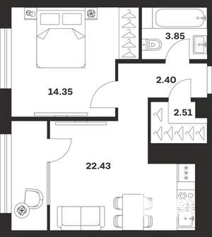 1-к квартира, строящийся дом, 46м2, 19/25 этаж