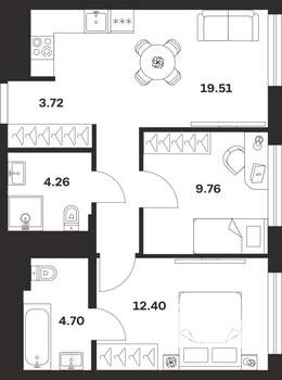 2-к квартира, строящийся дом, 54м2, 10/25 этаж