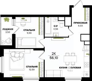 2-к квартира, строящийся дом, 56м2, 6/25 этаж