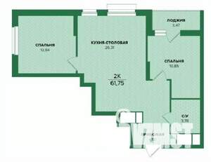 2-к квартира, строящийся дом, 62м2, 24/25 этаж