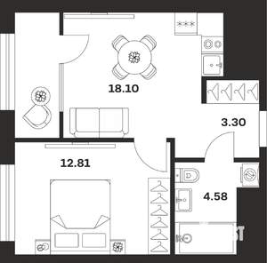 1-к квартира, строящийся дом, 39м2, 20/25 этаж