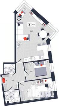 3-к квартира, строящийся дом, 72м2, 5/14 этаж