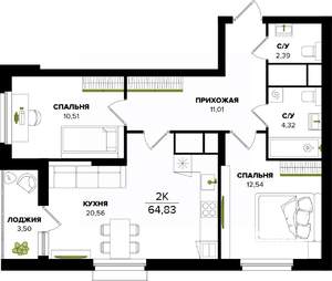 2-к квартира, строящийся дом, 65м2, 11/25 этаж