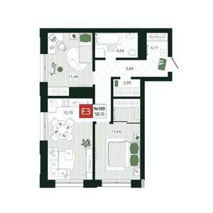 2-к квартира, вторичка, 58м2, 17/19 этаж