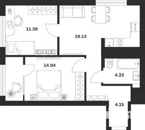 2-к квартира, строящийся дом, 54м2, 21/25 этаж