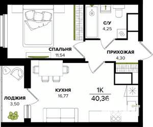 1-к квартира, вторичка, 40м2, 2/25 этаж