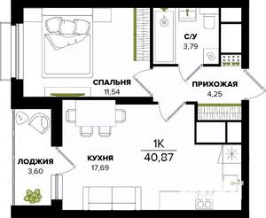 1-к квартира, строящийся дом, 41м2, 3/25 этаж