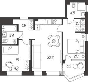 3-к квартира, строящийся дом, 66м2, 20/24 этаж