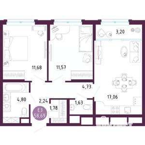 2-к квартира, вторичка, 59м2, 6/10 этаж