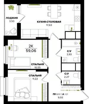 2-к квартира, строящийся дом, 59м2, 25/25 этаж