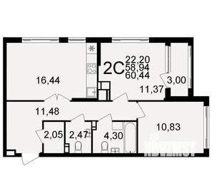 2-к квартира, строящийся дом, 59м2, 4/20 этаж