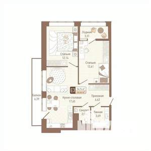 2-к квартира, строящийся дом, 58м2, 8/14 этаж