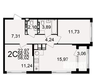 2-к квартира, строящийся дом, 56м2, 16/20 этаж