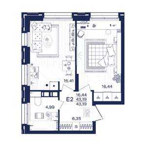 1-к квартира, строящийся дом, 43м2, 2/15 этаж