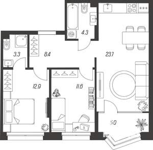 3-к квартира, строящийся дом, 68м2, 5/24 этаж