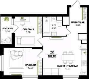 2-к квартира, строящийся дом, 56м2, 25/25 этаж