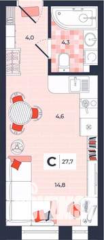 Студия квартира, строящийся дом, 28м2, 2/14 этаж