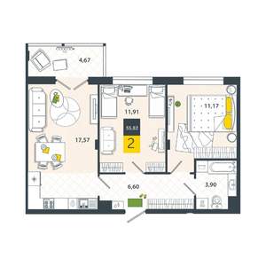 2-к квартира, вторичка, 56м2, 1/8 этаж