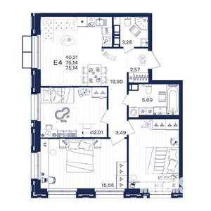 3-к квартира, строящийся дом, 75м2, 3/15 этаж