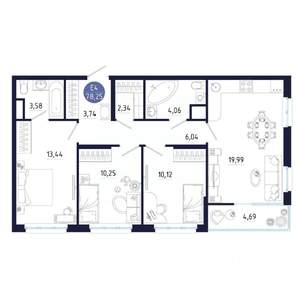3-к квартира, строящийся дом, 78м2, 8/25 этаж