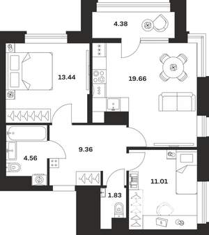 2-к квартира, вторичка, 64м2, 10/13 этаж