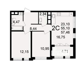 2-к квартира, строящийся дом, 55м2, 18/18 этаж