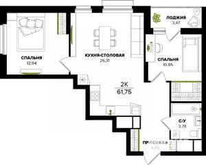 2-к квартира, строящийся дом, 62м2, 22/25 этаж