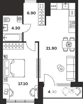 1-к квартира, вторичка, 55м2, 2/9 этаж