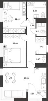 2-к квартира, вторичка, 65м2, 1/4 этаж