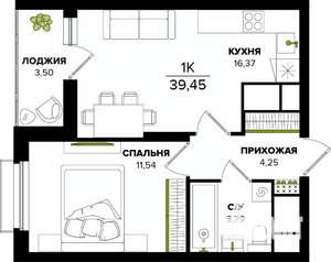 1-к квартира, строящийся дом, 39м2, 6/25 этаж