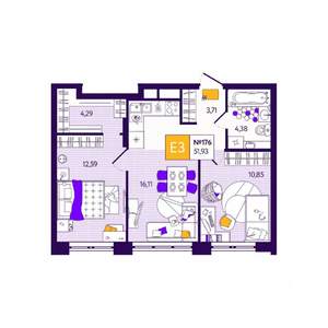 2-к квартира, вторичка, 52м2, 1/12 этаж
