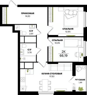 2-к квартира, вторичка, 66м2, 6/25 этаж