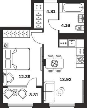 1-к квартира, вторичка, 39м2, 1/15 этаж