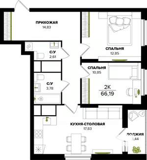 3-к квартира, строящийся дом, 66м2, 16/25 этаж