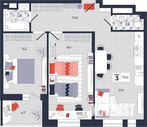 3-к квартира, строящийся дом, 75м2, 12/14 этаж