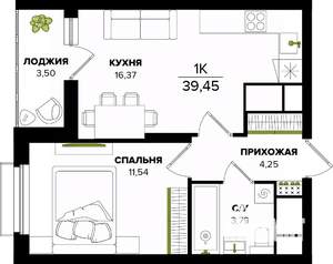 1-к квартира, строящийся дом, 39м2, 20/25 этаж