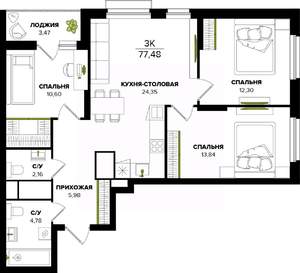 3-к квартира, вторичка, 77м2, 8/25 этаж