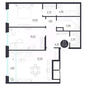 2-к квартира, строящийся дом, 76м2, 7/8 этаж