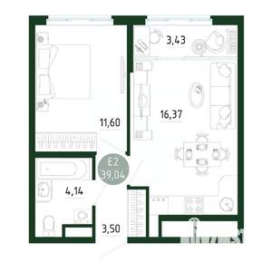 1-к квартира, строящийся дом, 39м2, 16/25 этаж