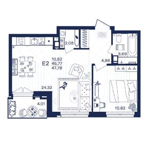 1-к квартира, строящийся дом, 48м2, 6/15 этаж