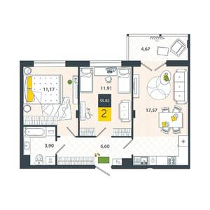 2-к квартира, вторичка, 56м2, 8/8 этаж