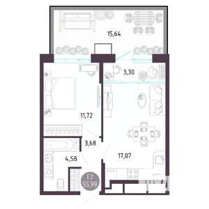 2-к квартира, строящийся дом, 56м2, 1/10 этаж