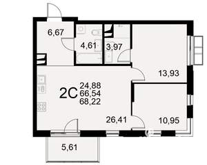 2-к квартира, строящийся дом, 68м2, 2/11 этаж