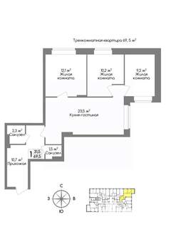 3-к квартира, вторичка, 70м2, 2/11 этаж